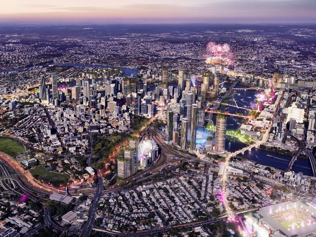 Courier Mail Future BNE campaign Urbis render. Aerial view of proposed ideas for Brisbane Southbank and CBD for the 2032 Olympics.