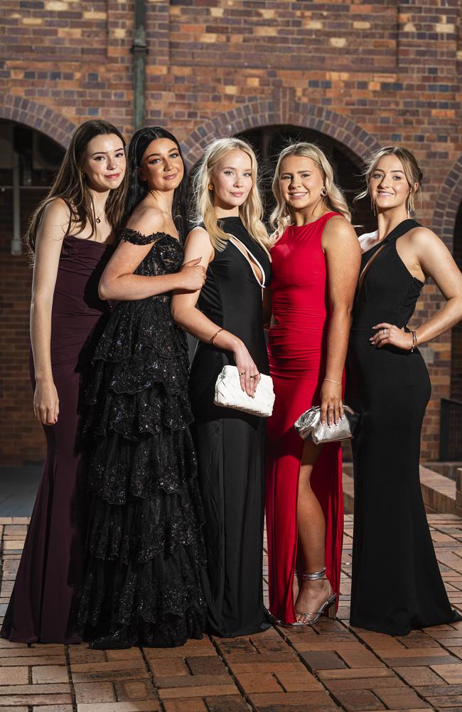 Graduates (from left) Trinity Dwyer, Obie Costigan, Olivia Cashman, Ashlee Currie and Piper Clark as Downlands College year 12 students come together for their valedictory mass at the college, Saturday, November 16, 2024. Picture: Kevin Farmer