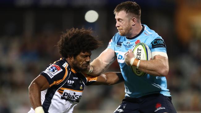 CANBERRA, AUSTRALIA — MARCH 15: Jack Dempsey of the Waratahs Is tackled by Henry Speight of the Brumbies during the round five Super Rugby match between the Brumbies and the Waratahs at GIO Stadium on March 15, 2019 in Canberra, Australia. (Photo by Mark Metcalfe/Getty Images)