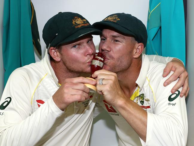 PERTH, AUSTRALIA - DECEMBER 18:  Steve Smith and David Warner of Australia celebrate in the changerooms after Australia regained the Ashes during day five of the Third Test match during the 2017/18 Ashes Series between Australia and England at WACA on December 18, 2017 in Perth, Australia.  (Photo by Ryan Pierse/Getty Images)