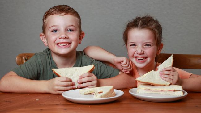 Kye Hudson’s kids Spencer-Rose, 4, and Logan, 6, frequently enjoy ham sandwiches in their lunch boxes. Picture: Justin Lloyd