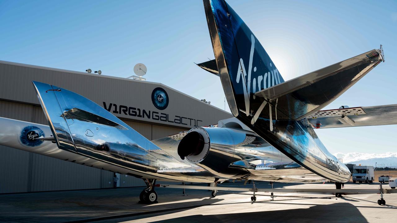 SpaceShipTwo attached to the mothership, WhiteKnightTwo, at Mojave Space Port on February 19, 2019, in Mojave, California, US. Picture: AFP/Virgin Galactic