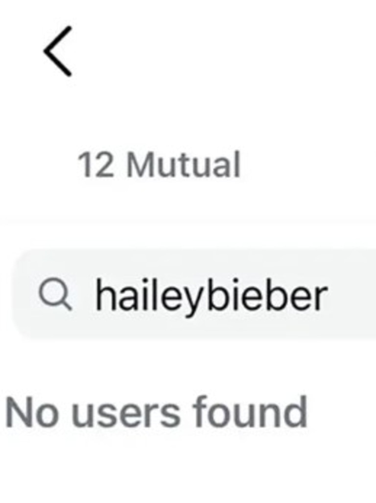 A screenshot of a search for “Hailey Bieber” on Justin Bieber’s Instagram account. Picture: Instagram