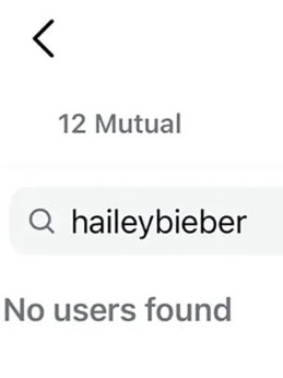 A screenshot of a search for “Hailey Bieber” on Justin Bieber’s Instagram account. Picture: Instagram