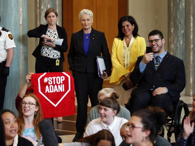 Dr Kerryn Phelps with Julia Banks and Senator Jordon Steele-John at the protest.Protesters were forcibly removed by AFP officers from Parliament House in Canberra.School students traveled to Canberra to demand a meeting with the Prime Minister, who last week condemned their national school strike for climate action and is ignoring their requests to meet them.The school strikers are calling on all politicians to stop AdaniÕs coal mine and urgently move Australia beyond coal and gas to 100% renewable energy. Picture Gary Ramage