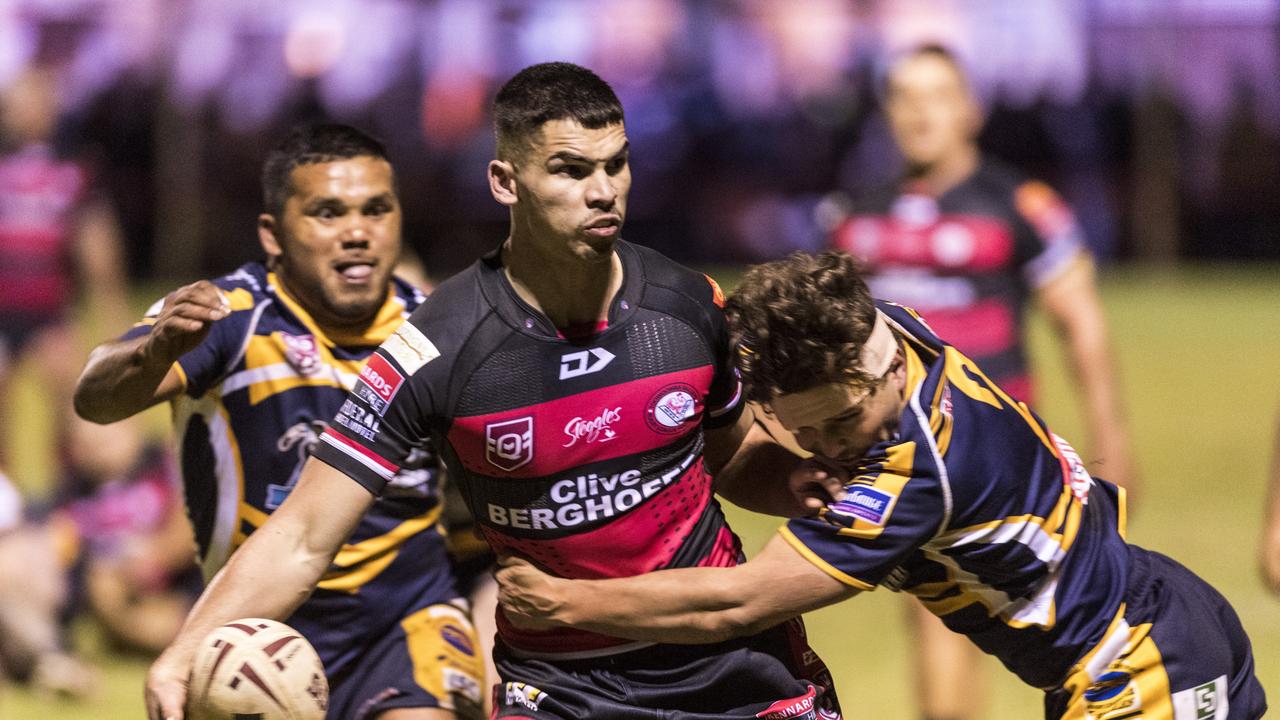 Brock Diment passes to set up a Samieula Cocker try for Valleys against Highfields in TRL A grade round five rugby league at Herb Steinohrt Oval, Saturday, May 15, 2021. Picture: Kevin Farmer