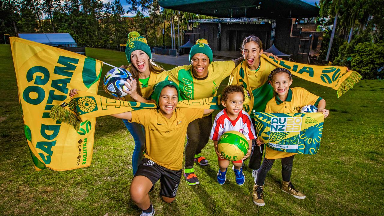 Matildas – Alison and Wayne Knipe with their kids Hezekiah, 3, Madison, 6, Jarell, 11 and Talia, 12 at the Matilda's live site at Riverstage for Wednesday nights game against England. Picture: Nigel Hallett