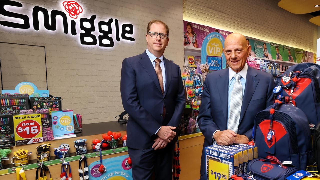 Premier Investments chairman Solomon Lew and CEO Richard Murray, at the Melbourne Central Smiggle store in the CBD. Picture: Ian Currie