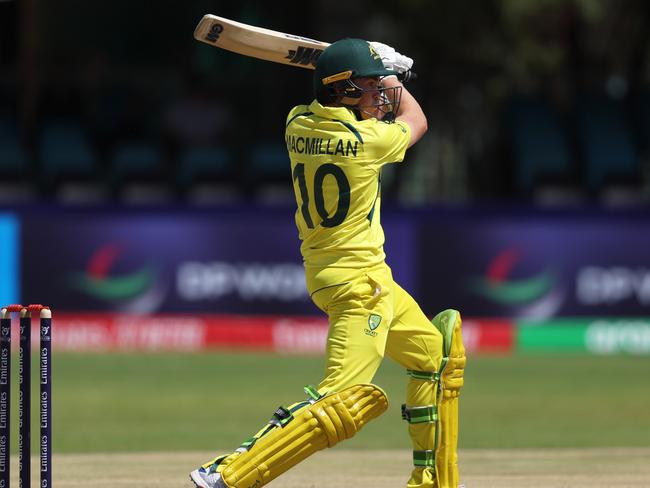 KIMBERLEY, SOUTH AFRICA - JANUARY 22: Rafael Macmillan of Australia plays a shot during the ICC U19 Men's Cricket World Cup South Africa 2024 match between Australia and Namibia at Diamond Oval on January 22, 2024 in Kimberley, South Africa. (Photo by Matthew Lewis-ICC/ICC via Getty Images)