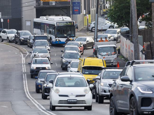 DAILY TELEGRAPH. Rozelle Interchange traffic. Picture shows traffic banked up on Robert Street from the intersection of Victoria Rd, around 7:45am. 05/02/2024. Picture by Max Mason-Hubers