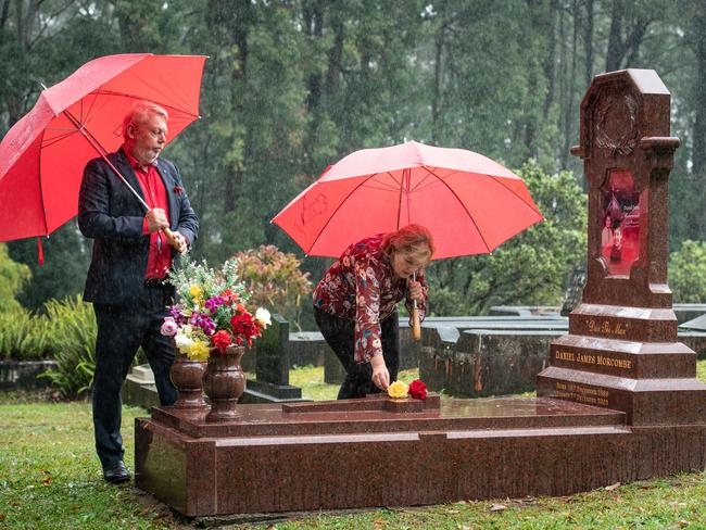 Bruce and Denise Morcombe visit the grave of their son Daniel Morcombe in Palmwoods, Queensland. Picture: Brad Fleet/ National News Network