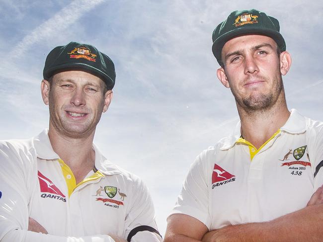 CHELMSFORD, ENGLAND - JUlY 03: Adam Voges and Mitchell Marsh of Australia pose for a photo during day three of the tour match between Essex and Australia at The Ford County Ground on July 03, 2015 in Chelmsford, England. (Photo by Charlie Crowhurst/Getty Images) *** Local Caption *** Adam Voges; Mitchell Marsh. The black armbands being worn by the players are in tribute to Adelaide Crows Coach Phil Walsh who was murdered on Friday.