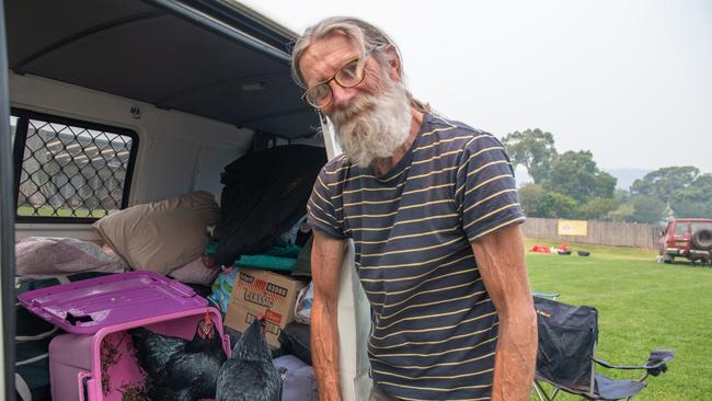 evacuees at  coramba hotel Allan Black of Lowanna with his chickens and all. 12 NOV 2019