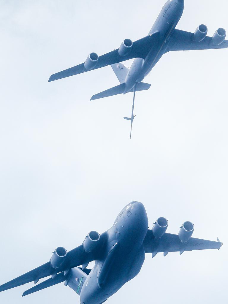 A RAAF air to air refuelling display during the inaugural Pacific Airshow over Surfers Paradise on the Gold Coast. Picture: Glenn Campbell