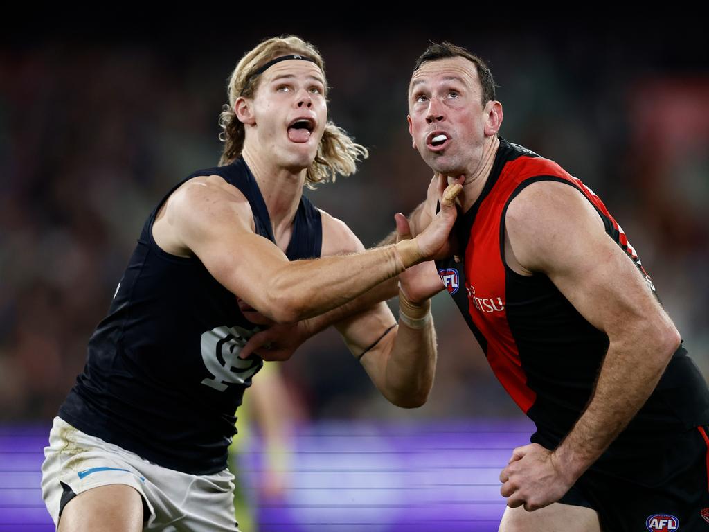 Tom De Koning and Todd Goldstein of the Bombers compete in a ruck contest. Picture: Michael Willson/AFL Photos via Getty Images.