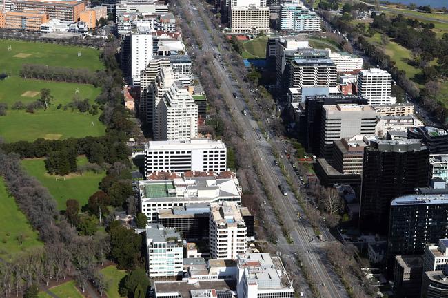 Aerial pictures of empty roads in Melbourne as strict stage 4 lockdowns are enforced. St Kilda Road. Aaron Francis/The Australian