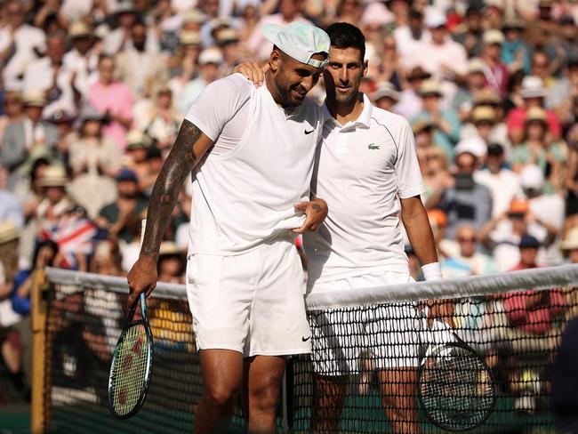 Novak Djokovic and Kyrgios after the Wimbledon final. Picture: Ryan Pierse/Getty Images