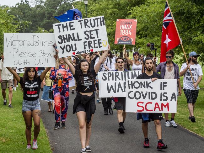 Anti-vaxxers protest against at Fawkner Park in Melbourne earlier this year. Picture: Jake Nowakowski