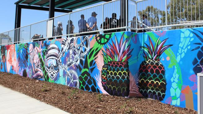 Local artists Cezary Stulgis and Benjamin Reeve designed the mural for the Bracken Ridge BMX track wall as part of the Brisbane Canvas initiative. Picture: Michelle Smith