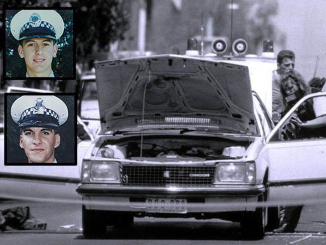 The dumped Commodore used to lure Damian Eyre (inset, bottom left) and Steven Tynan (inset, top left) to a spot in Walsh St, South Yarra, where they were shot dead. Source: HWT Image Library