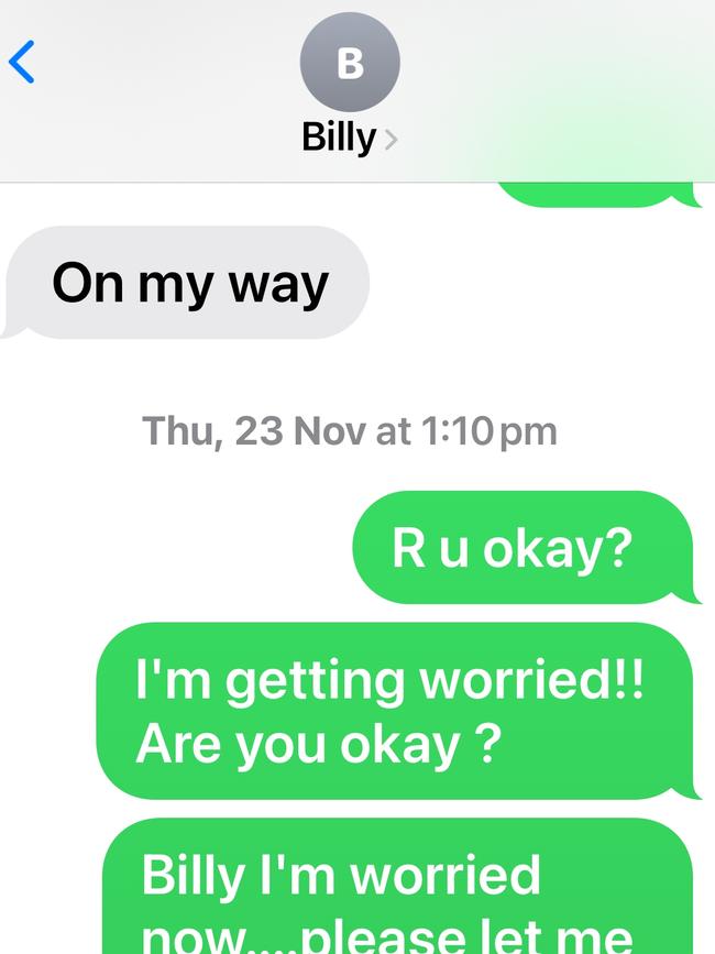 The last texts between Billy and his mum Sheryl before his car crashed into a tree. Picture: Supplied by family