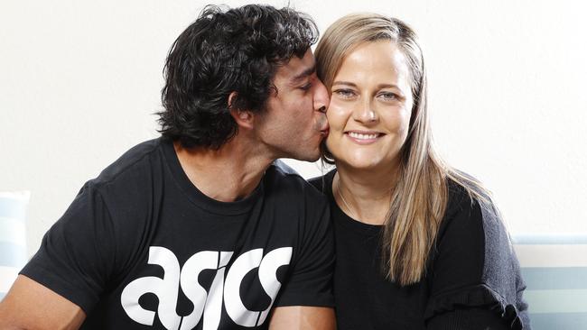 Retiring Cowboys Legend Jonathan Thurston with wife Samantha before his last NRL game against the Titans on the Gold Coast. Photo Lachie Millard