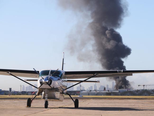 The scene at Essendon Airport after a charter plane leaving the airport crashed. Picture: Michael Dodge/Getty Images