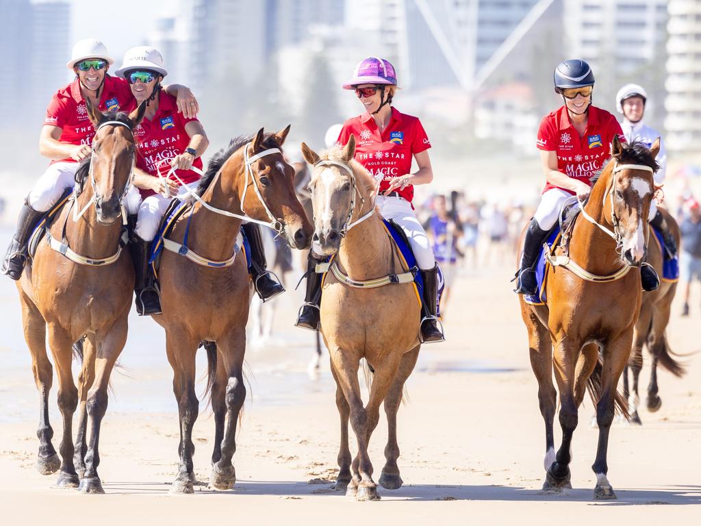 Billy Slater, Nacho Figueras, Delfina Blaquier and Zara Tindall at the Magic Millions Beach Run and Barrier Draw. Picture by Luke Marsden.