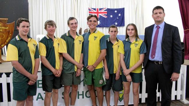 YEAR 10 GRADUATES: Bryce Bilington, Harrison McLaughlin, Mitchell Blanck, Ben McAuliffe, Dean Frohloff, Sarah Morrow and Principal Jason Edmondstone. Picture: Shannon Hardy