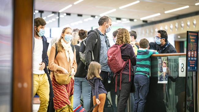 Arrivals into Hobart Airport going through COVID screening procedures with Biosecurity Tasmania. Picture: MATHEW FARRELL