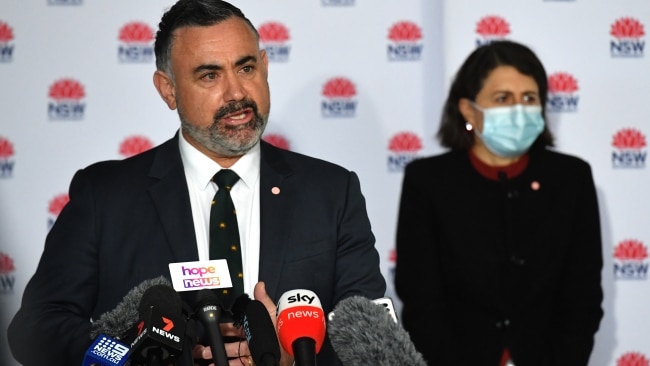 John Barilaro and Gladys Berejiklian are seen during a coronavirus press conference. Picture: Getty Images