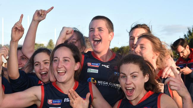 Norwood players celebrate their SANFL women’s grand final win against North Adelaide at Unley Oval. Picture Roger Wyman