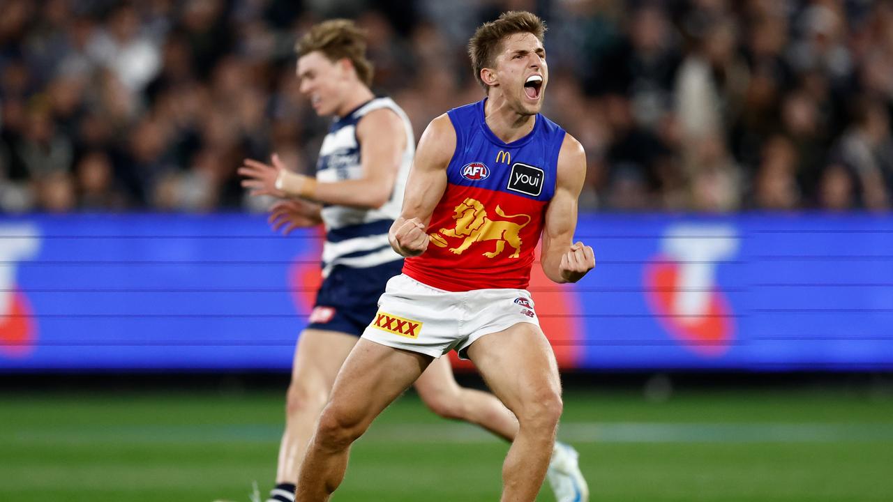 Zac Bailey of the Lions celebrates as the final siren sounds during the 2024 AFL Second Preliminary Final match between the Geelong Cats and the Brisbane Lions. Picture: Michael Willson/AFL Photos via Getty Images