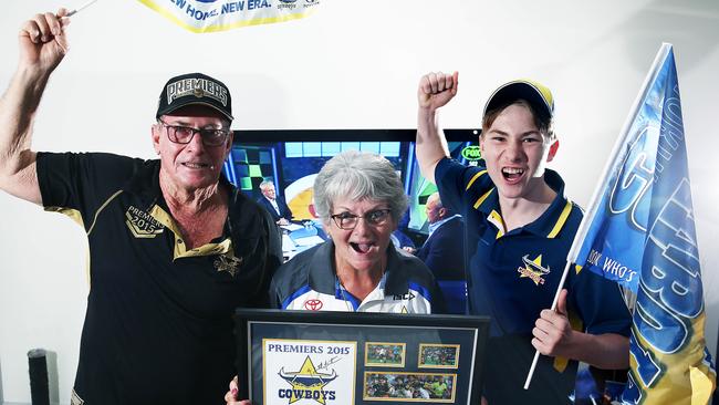 North Queensland Cowboys fans Eddie and Judy Rick, pictured with their grandson Campbell Rick, 16. Eddie and Judy have been supporters of the Cowboys since their first season, and never missed a home game when they lived in Tully. Picture: Brendan Radke