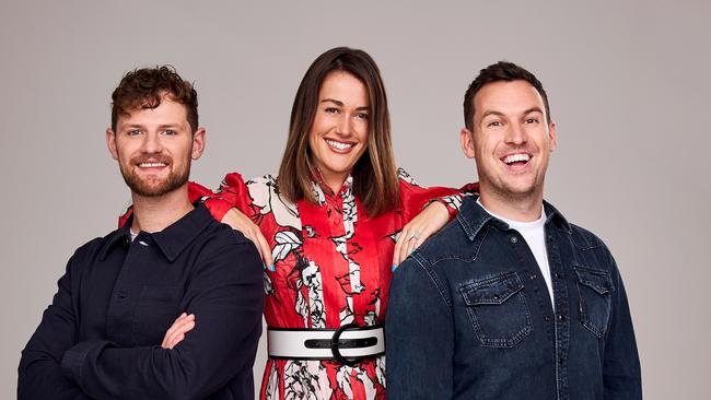 Ben Harvey and Liam Stapleton, with their long-time producer Belle Jackson, will be hosting breakfast on Melbourne’s Nova 100. Picture: Supplied