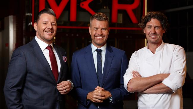 Channel 7 has defended My Kitchen Rules star Pete Evans (pictured centre with Manu Feildel, left, and Colin Fassnidge, right), saying he is “not anti-vax”. Picture: Channel 7