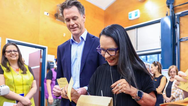 Indigenous Australians Minister Linda Burney votes at Carlton South Public School polling centre with NSW Premier Chris Minns. Picture: Jenny Evans/Getty Images.