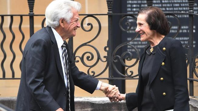 Former Prime Minister Bob Hawke with former NSW Governor Marie Bashir following the State Funeral of the late Nicholas Shehadie. Picture: AAP.