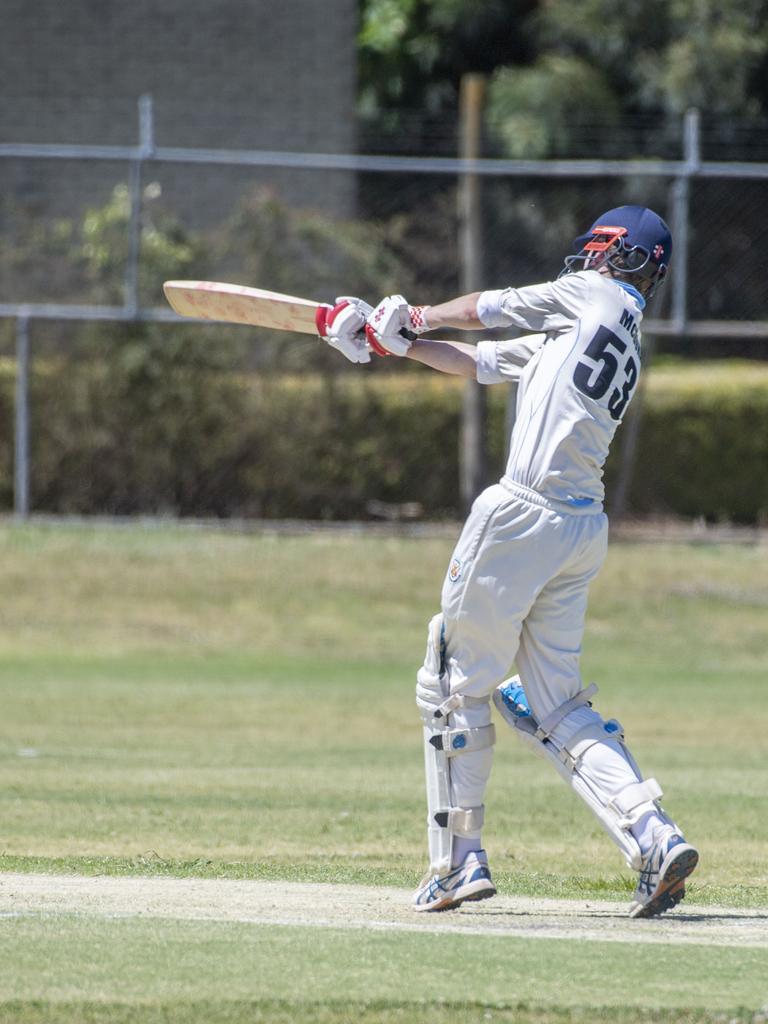 Rohan McDonald, Wests, sends this ball to Lachlan Gersch for Met Easts. Western Districts vs Met Easts, reserve grade cricket. Saturday, November 26, 2022. Picture: Nev Madsen.