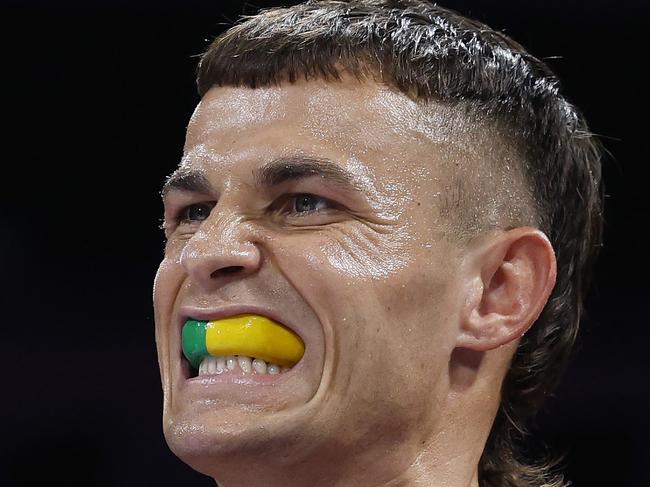 NCA. PARIS FRANCE. 2024 OLYMPIC GAMES. July 29 - Day3.  Boxing at North Paris Arena .   MenÃs 63.5 kg. Australian Harry Garside vs Richard Kovacs of Hungary.  Harry Garside during todays bout  . Pic: Michael Klein