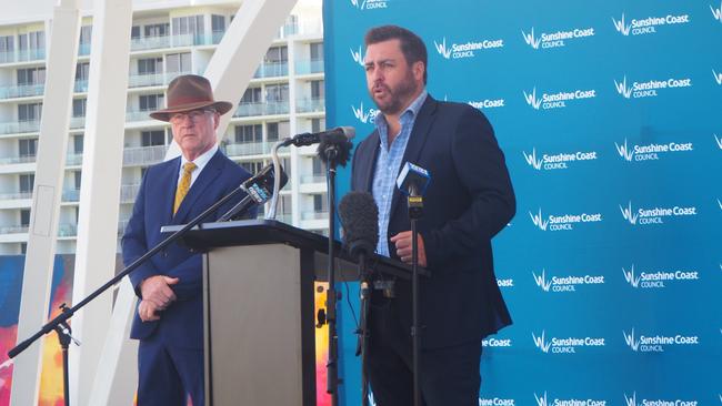 Sunshine Coast Council Mayor Mark Jamieson and McNab Sunshine Coast construction manager Carl Nancarrow announce the start of construction for the new city hall at Maroochydore City Centre.