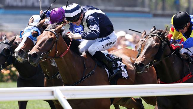 Emirates Stake Races at Flemington. Race 2. The Juvenile Diabetes Research Foundation Plate. Oncidium Ruler ridden by Beau Mertens storms home to win the 2nd. Pic: Michael Klein