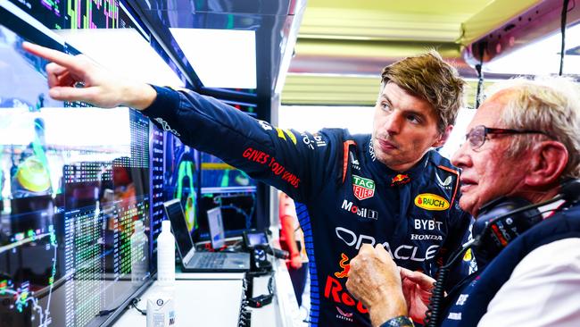 Max Verstappen of the Netherlands and Oracle Red Bull Racing talks with Oracle Red Bull Racing Team Consultant Dr Helmut Marko in the garage during practice ahead of the F1 Grand Prix of Mexico at Autodromo Hermanos Rodriguez on October 25, 2024 in Mexico City, Mexico. (Photo by Mark Thompson/Getty Images)