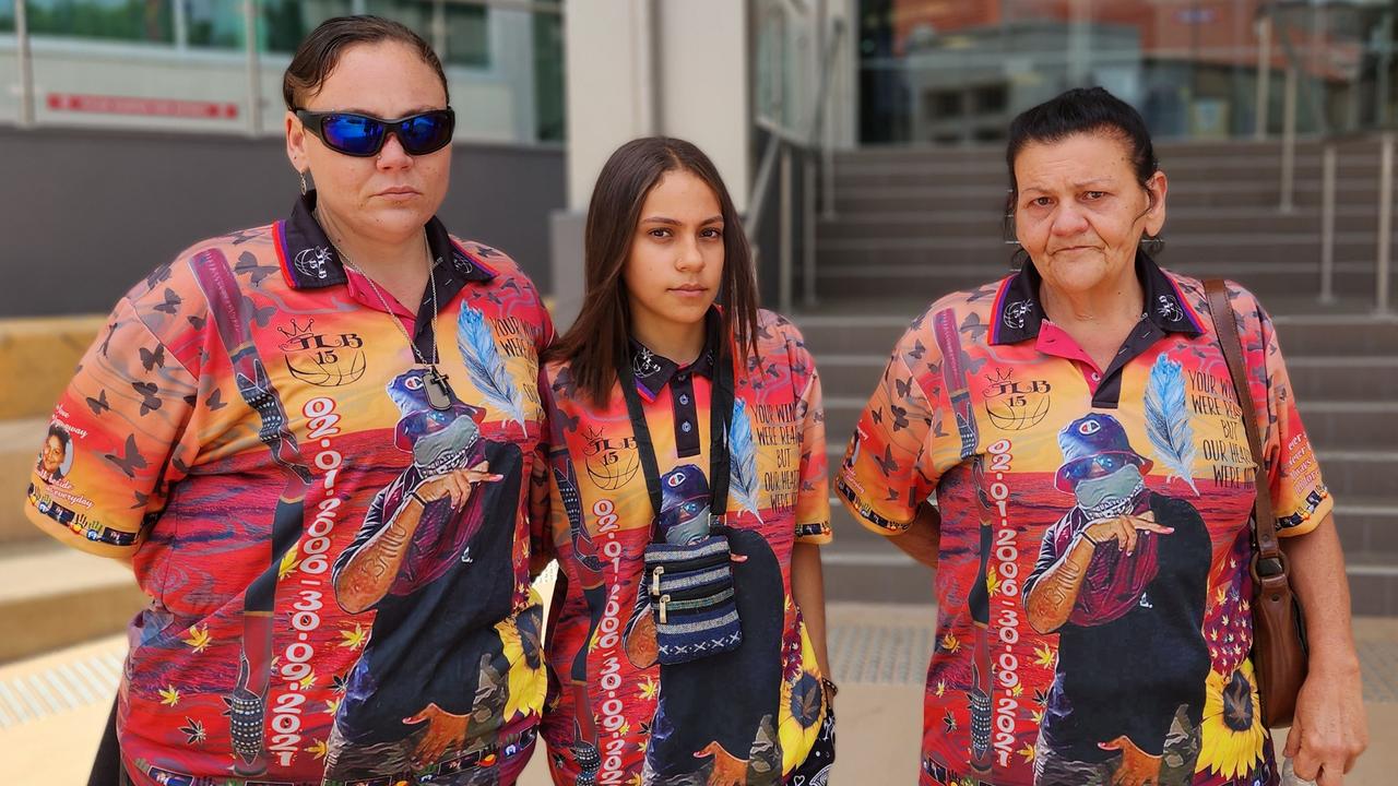 Jerome Banu's mum Samantha Jones, sister Kaniqua Miskin and grandmother Dana Zivkov outside Rockhampton Courthouse on December 21, 2023. Picture: Aden Stokes