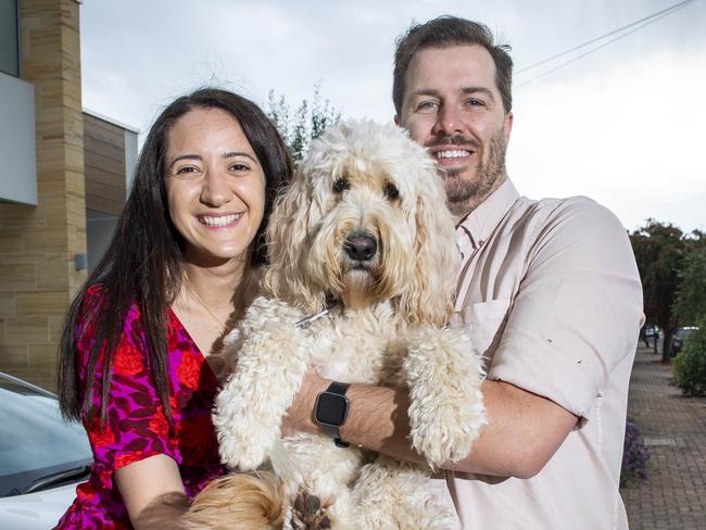 Candi Hindocha and Andrew Jones and their Groodle Winnie at their Glynde home they are renting but are saving for their first home.Tuesday,October,11,2022.Picture Mark Brake