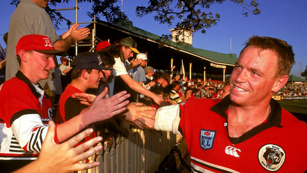 SYDNEY, AUSTRALIA - 1993: Greg Florimo of the North Sydney Bears celebrates with fans during a NSWRL match held at North Sydney Oval 1993, in Sydney, Australia. (Photo by Getty Images)