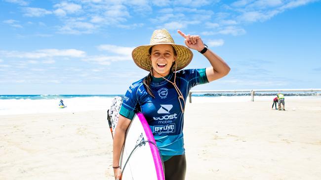 Isabella Nichols celebrates winning the Boost Mobile Pro Gold Coast on October 7. Picture: Kelly Cestari