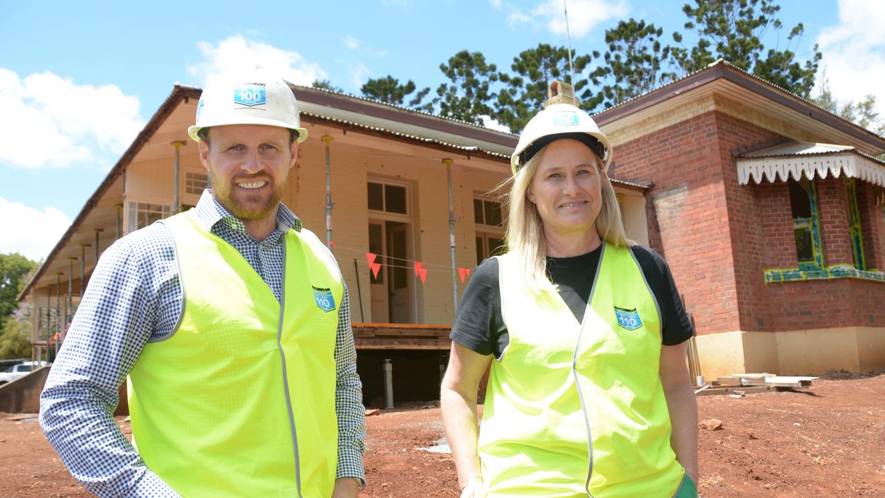 Overseeing the creation of the Toowoomba Hospital Foundation's new health sector museum near Baillie Henderson are (from left) Hutchinson Builders Toowoomba team leader Sean Lees and THF CEO Alison Kennedy.