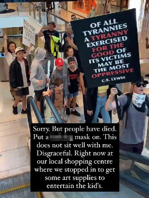 Anti-mask protesters demonstrating inside Westfield's Bondi Junction shopping centre. Picture: Instagram