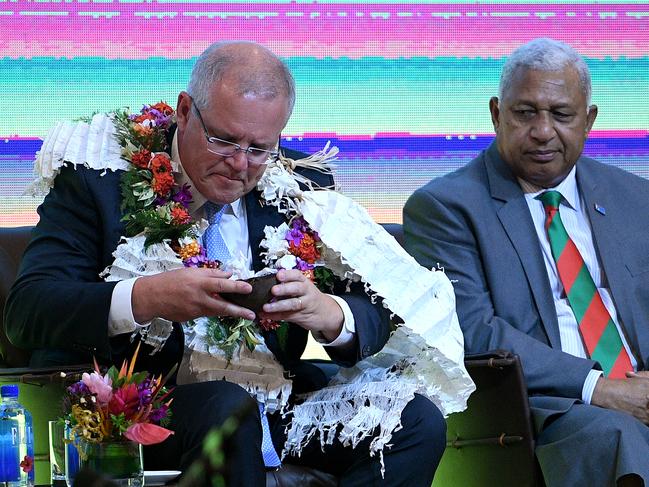 Australian Prime Minister Scott Morrison attends a Traditional Ceremony of Welcome with the Prime Minister of Fiji Frank Bainimarama. Picture: AAP